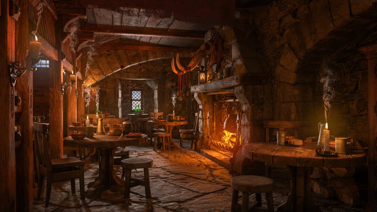 Dark moody medieval tavern inn interior with food and drink on tables, burning open fireplace
