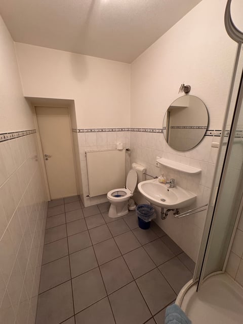 Bathroom interior with white walls, dark floor tiles, toilet, pedestal sink, oval mirror, and shower area with glass enclosure